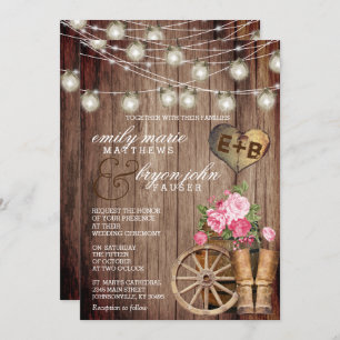 Beautiful Rustic Wood Barrel and Mauve Floral Invitation