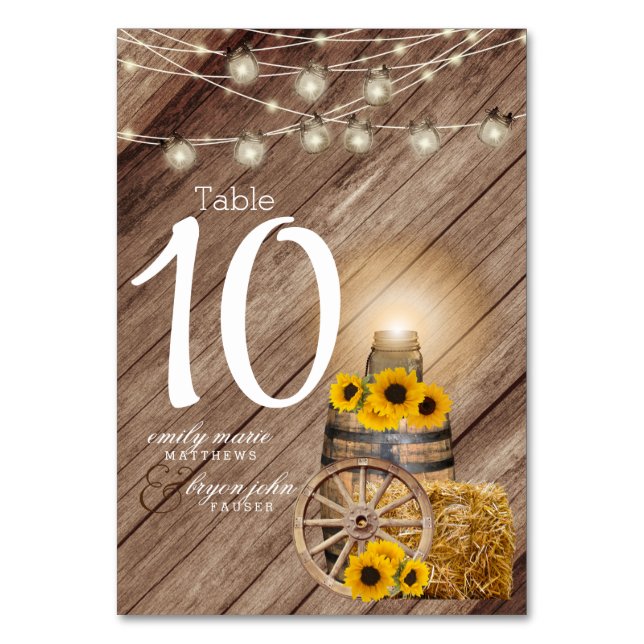 Beautiful Rustic Wood Barrel and Sunflowers Table Number (Front)