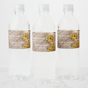 Beautiful Rustic Wood Barrel and Sunflowers Water Bottle Label