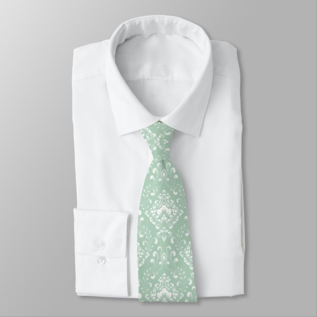 Beautiful sage gre and white floral damask pattern tie (Tied)