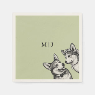 Beautiful Sage Green - Whimsical Corgi Wedding Napkin