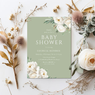Beautiful Sage Green & White Floral Baby Shower Invitation