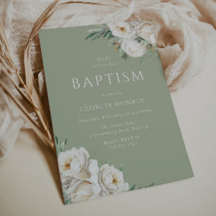 Beautiful Sage Green & White Floral Baptism Invitation