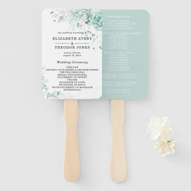 Beautiful sage greens Floral Wedding Program Hand Fan (Front and Back)