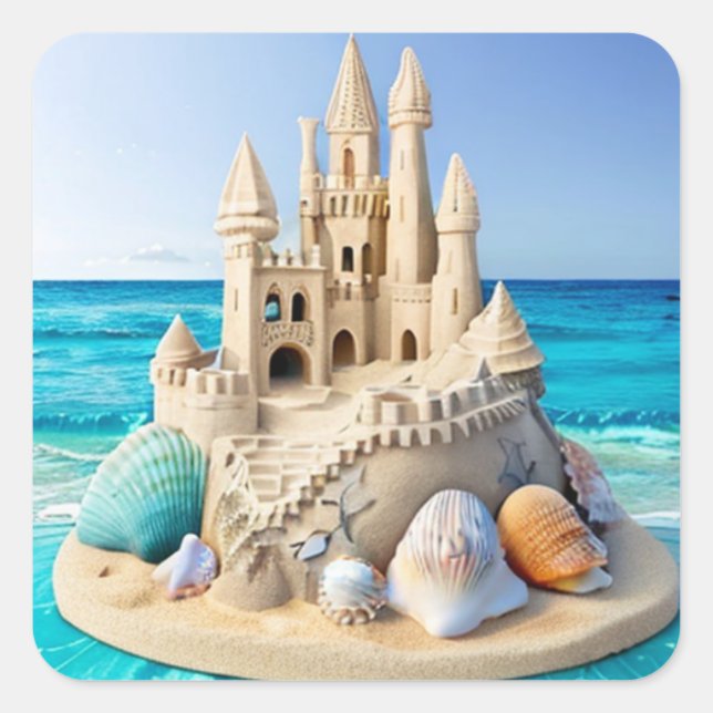 Beautiful Sandcastle on a Pretty blue Beach Square Sticker (Front)