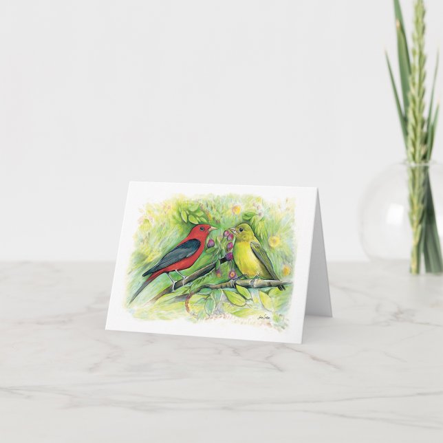 Beautiful Scarlet Tanager Couple Note Card (Beautiful Scarlet Tanager Couple Watercolor Blank Note Cards from Jenn Steffen Art)