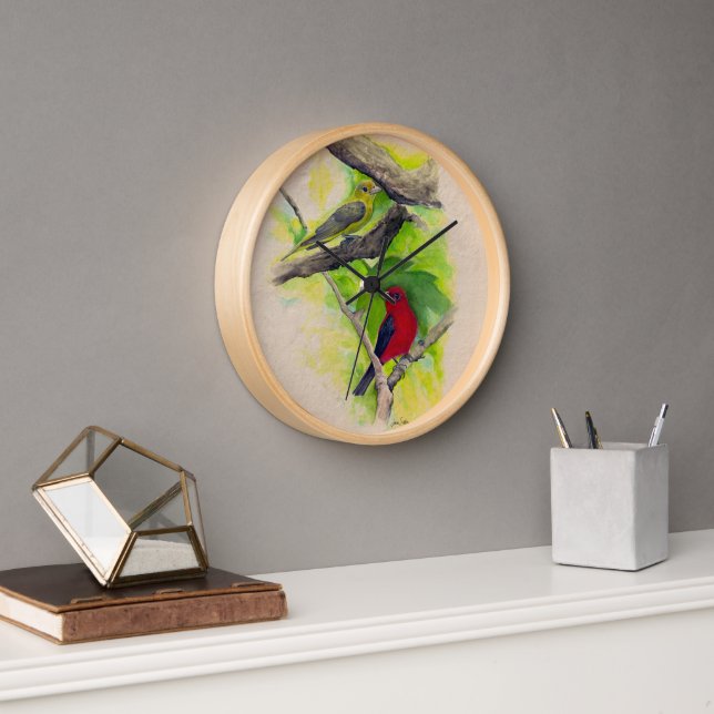 Beautiful Scarlet Tanagers Birds Painting Clock (Office)