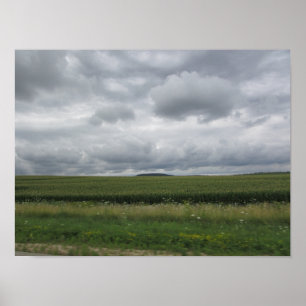 Beautiful scenic view, clouds and meadows Poster