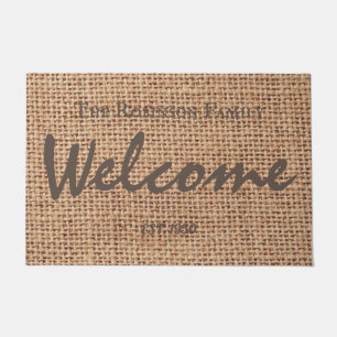 Beautiful script family name burlap welcome brown doormat