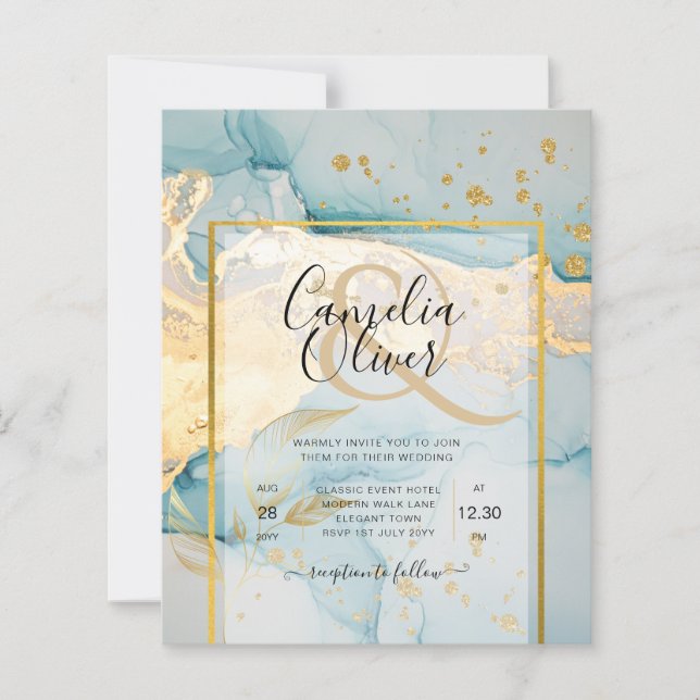 Beautiful Sea Glass Gold Wedding Invite Turquoise  (Front)