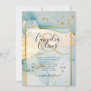 Beautiful Sea Glass Gold Wedding Invite Turquoise
