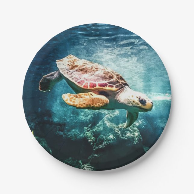 Beautiful Sea Turtle Ocean Underwater Image Paper Plate (Front)