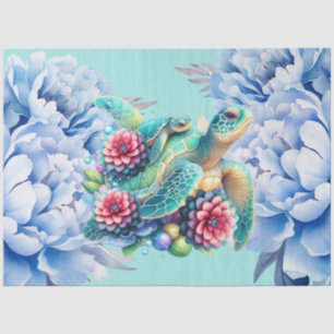 Beautiful Sea Turtles & Blue Peonies Decoupage  Tissue Paper
