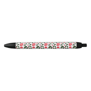 Beautiful seamless floral vine cherry pattern black ink pen