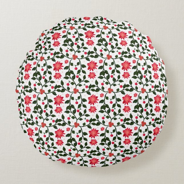 Beautiful seamless floral vine cherry pattern round cushion (Front)