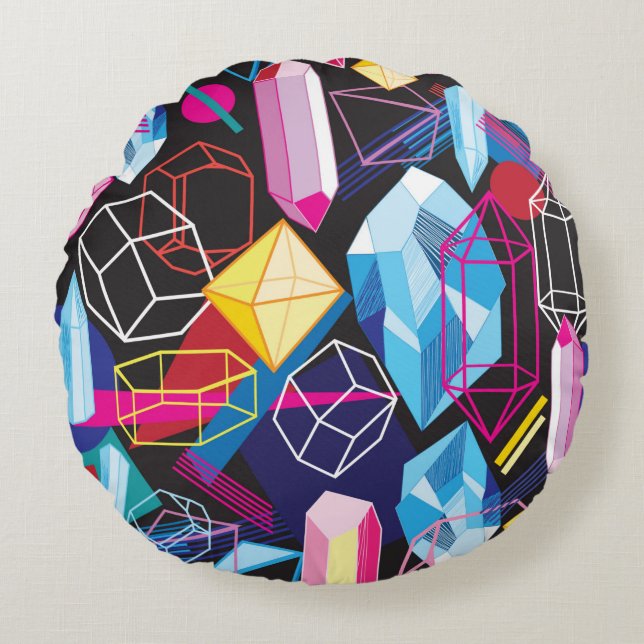 Beautiful seamless pattern with colourful crystals round cushion (Front)