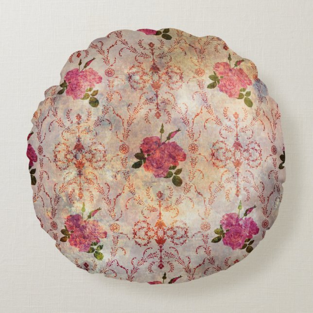 Beautiful seamless pink rose pattern grunge old st round cushion (Front)