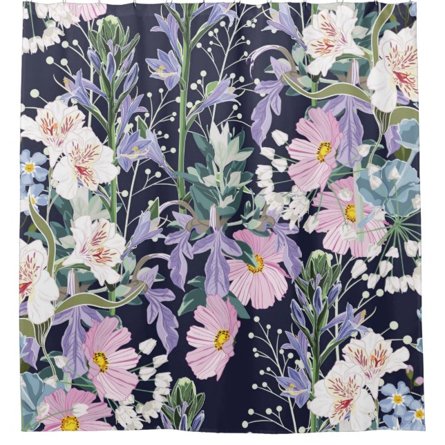 Beautiful seamless spring pattern with wild flower shower curtain (Front)
