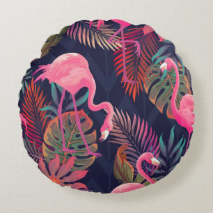 Beautiful seamless tropical pattern with pink flam round cushion