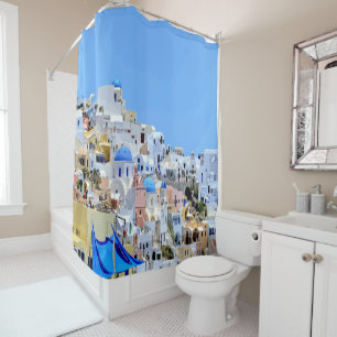 Beautiful Seaside Whitewashed Houses Greece Beach Shower Curtain
