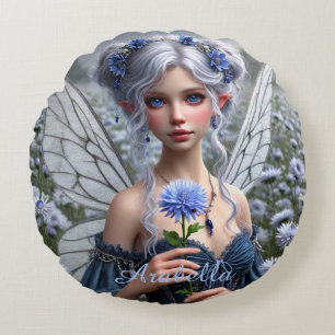 Beautiful September Fairy in Asters Round Cushion