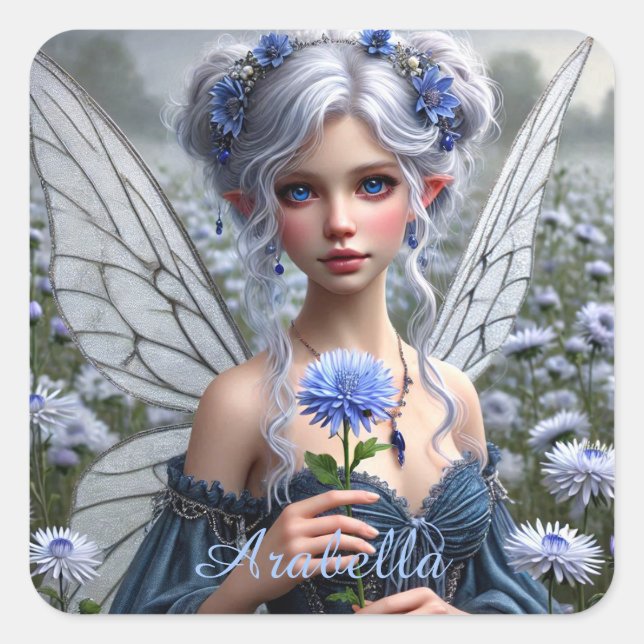 Beautiful September Fairy in Asters Square Sticker (Front)