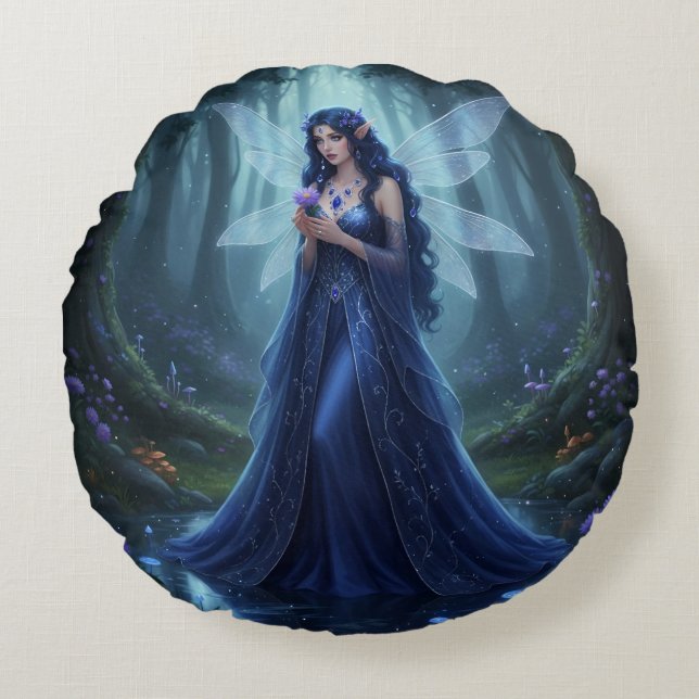 Beautiful September Sapphire Fairy Round Cushion (Front)