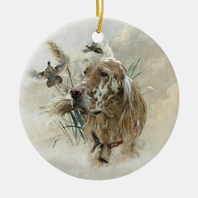 Beautiful Setter with Pheasants , Art Ceramic Tree Decoration (Front)