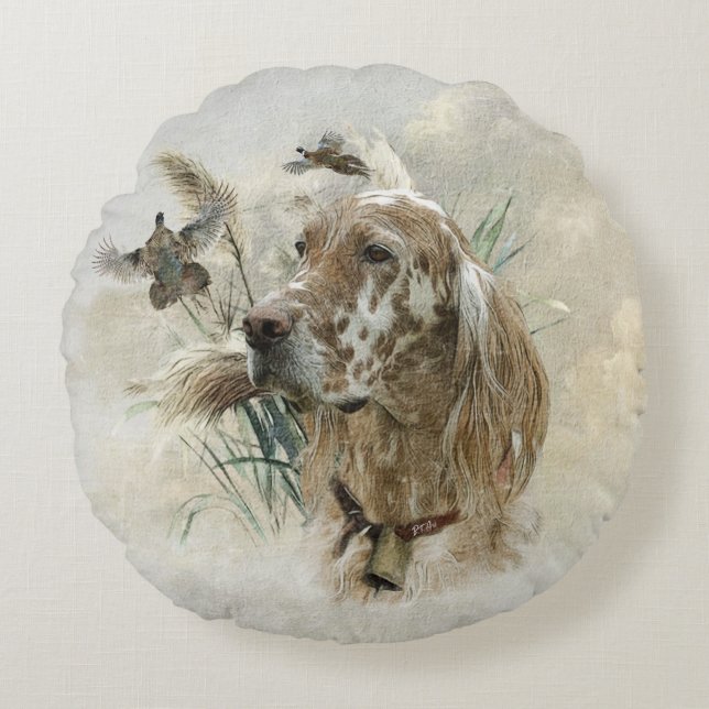 Beautiful Setter with Pheasants , Art Round Cushion (Front)