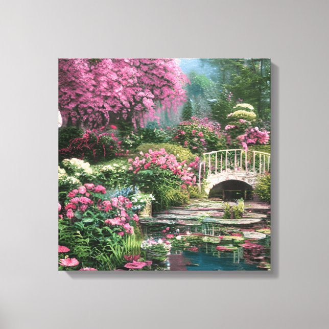 Beautiful Shabby Chic Flowers with Pond and Bridge Canvas Print (Front)