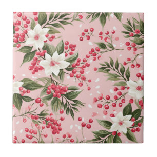 Beautiful Shabby Chic Pink Christmas Floral Berry Tile
