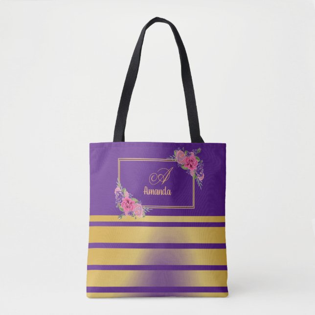 Beautiful Shiny Golden Stripes Girly Name Monogram Tote Bag (Front)
