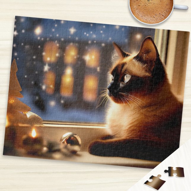 Beautiful Siamese Cat by Window Christmas Animal Jigsaw Puzzle (A jigsaw puzzle with a picture a beautiful Siamese cat with snow and Christmas decorations)