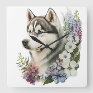 BEAUTIFUL SIBERIAN HUSKY DOG WITH FLOWERS SQUARE WALL CLOCK