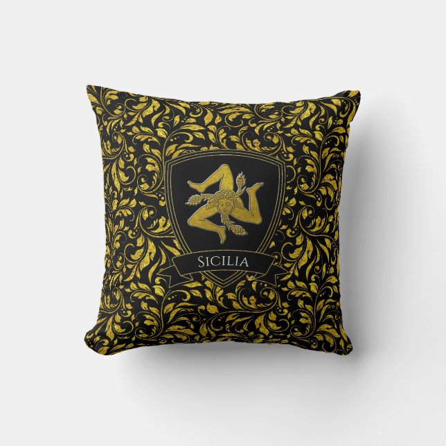 Beautiful Sicilian Trinacria Gold and Black Accent Cushion (Front)
