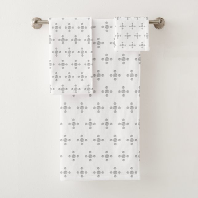 Beautiful silver grey dots on white bath towel set (Insitu)