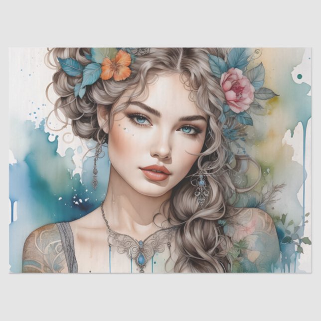 Beautiful Silver Haired Woman Decoupage Furniture Tissue Paper (Front)