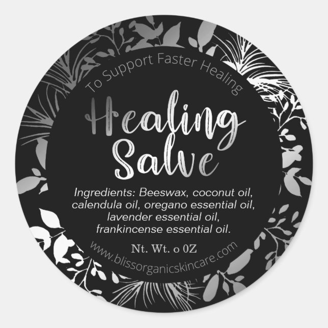 Beautiful Silver Twigs Black Herbal Healing Balm Classic Round Sticker (Front)