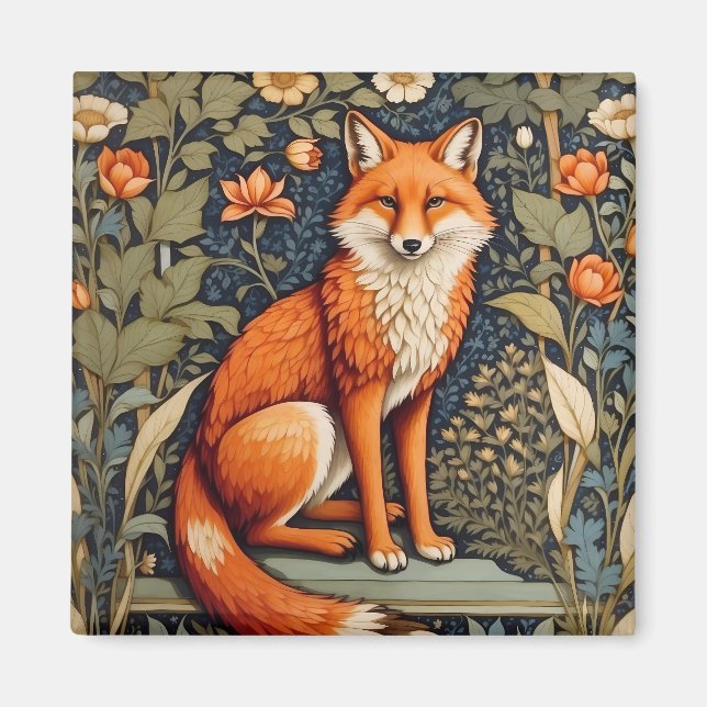 Beautiful Sitting Red Fox William Morris Inspired  Magnet (Front)