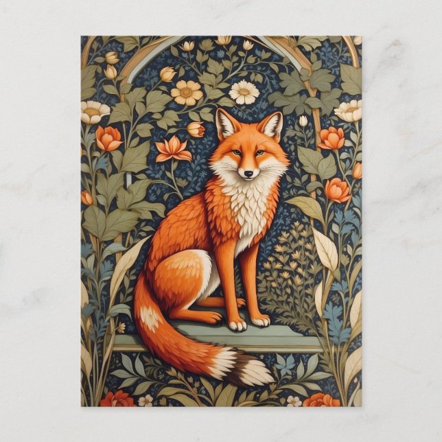 Beautiful Sitting Red Fox William Morris Inspired  Postcard (Front)