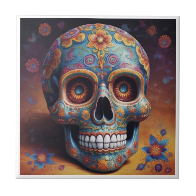 Beautiful Skull - dia de Los muertos Tile (Front)