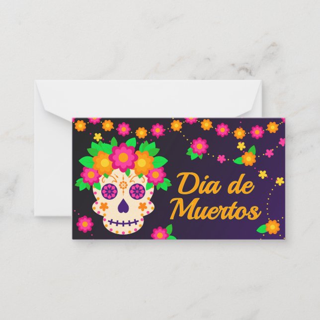 Beautiful Skull with Flowers Día de los Muertos Card (Front)
