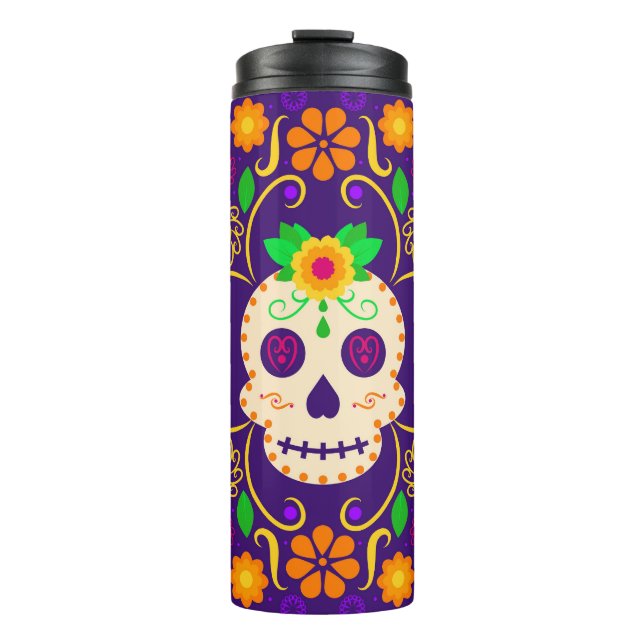 Beautiful Skull with Flowers Día de los Muertos Thermal Tumbler (Front)
