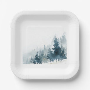 Beautiful Slate Blue Winter Snowy Tree Forest Paper Plate