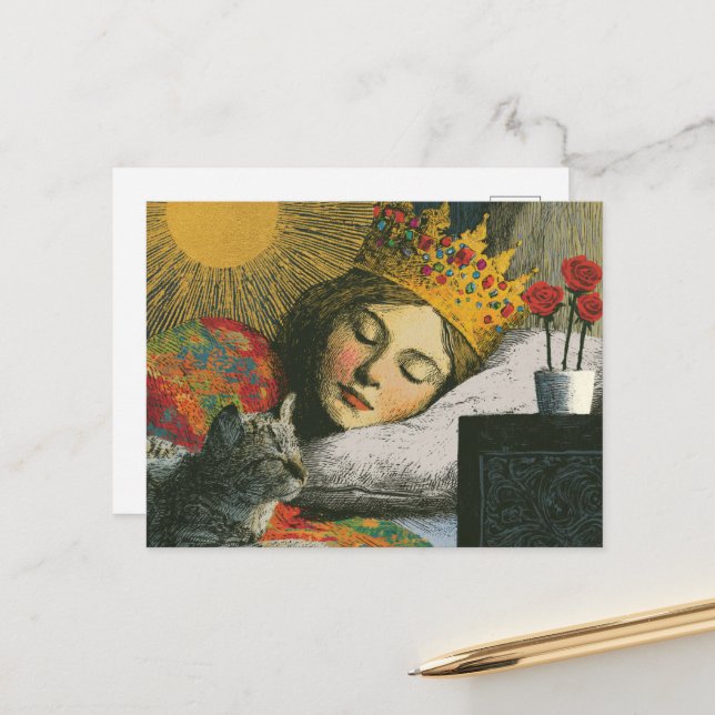 Beautiful Sleepy Queen and her Cat Postcard (Front/Back In Situ)