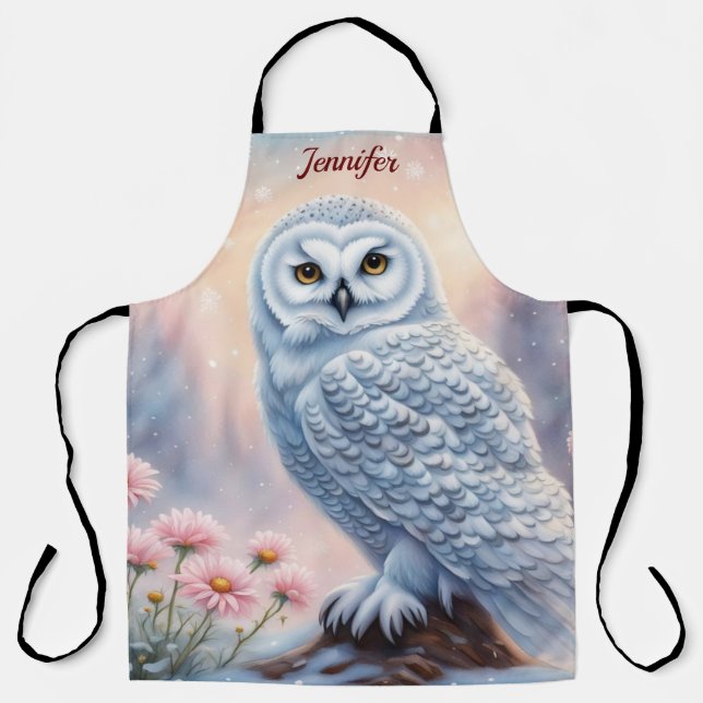 Beautiful Snow Owl, pink flowers. Editable name Apron (Front)
