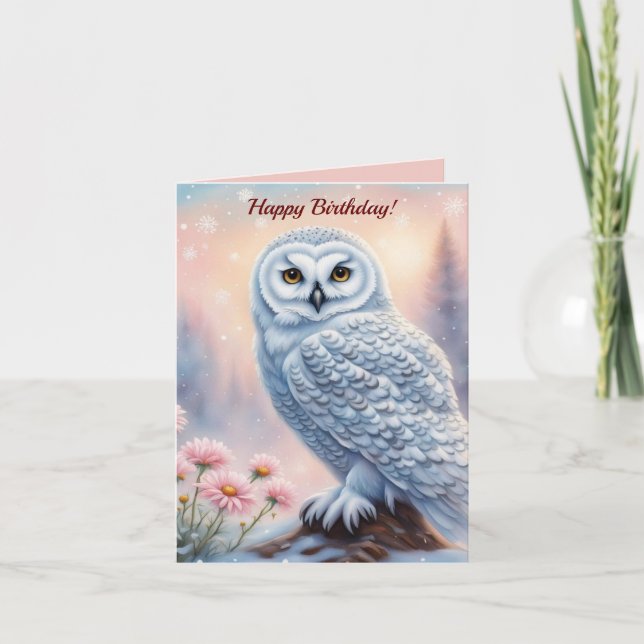 Beautiful Snow Owl, pink flowers. Editable name Note Card (Front)
