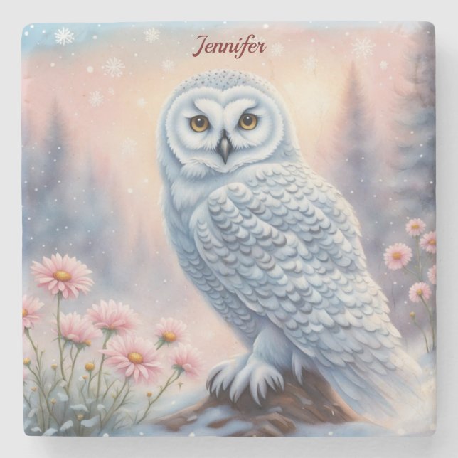 Beautiful Snow Owl, pink flowers. Editable name Stone Coaster (Front)