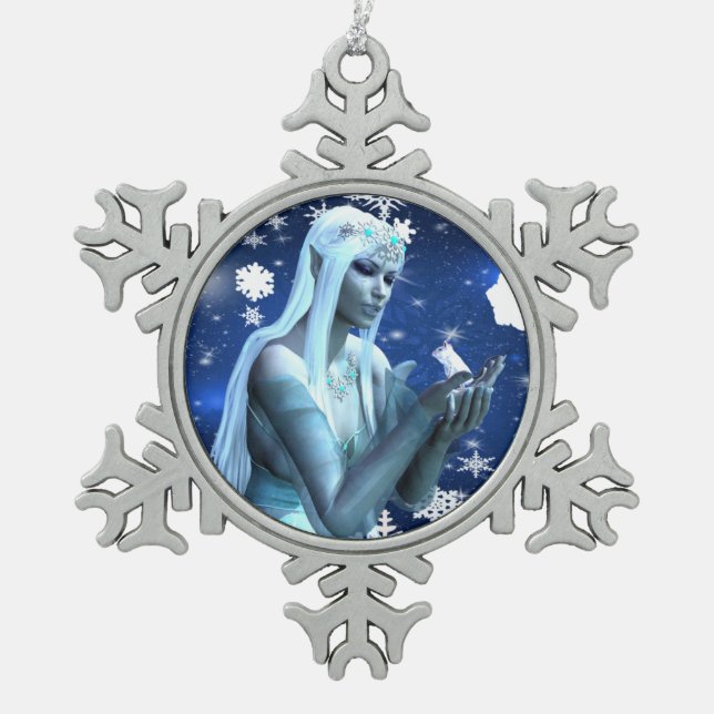 Beautiful Snow Queen Snowflake Pewter Christmas Ornament (Front)