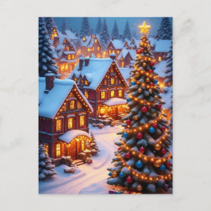 Beautiful Snowy Christmas Village with Tree Postcard
